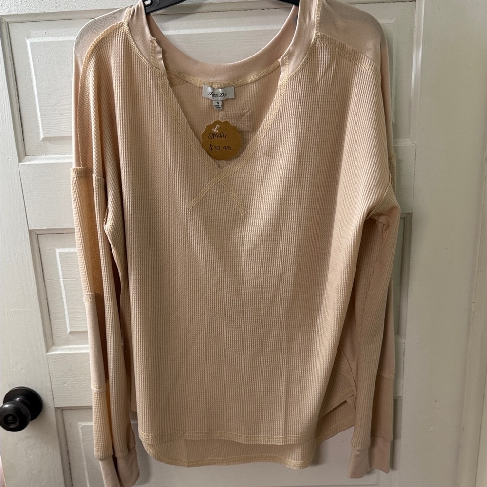Beige Long Sleeve Waffle Knit Top